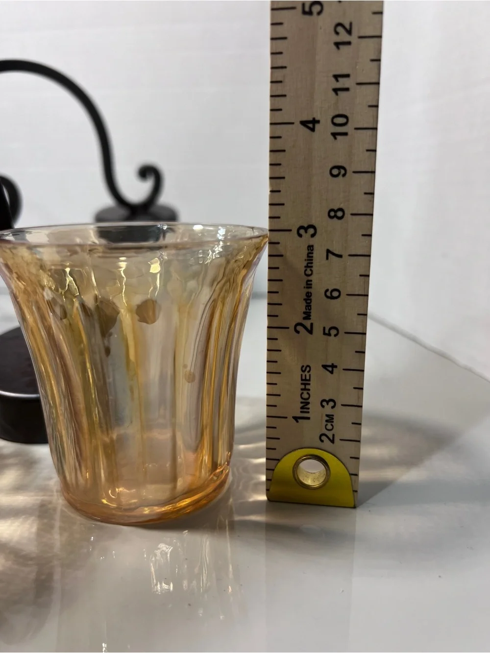 4 Arm Amber Glass Votive Candle Holder Scroll Metal Candelabra Tuscan Decor